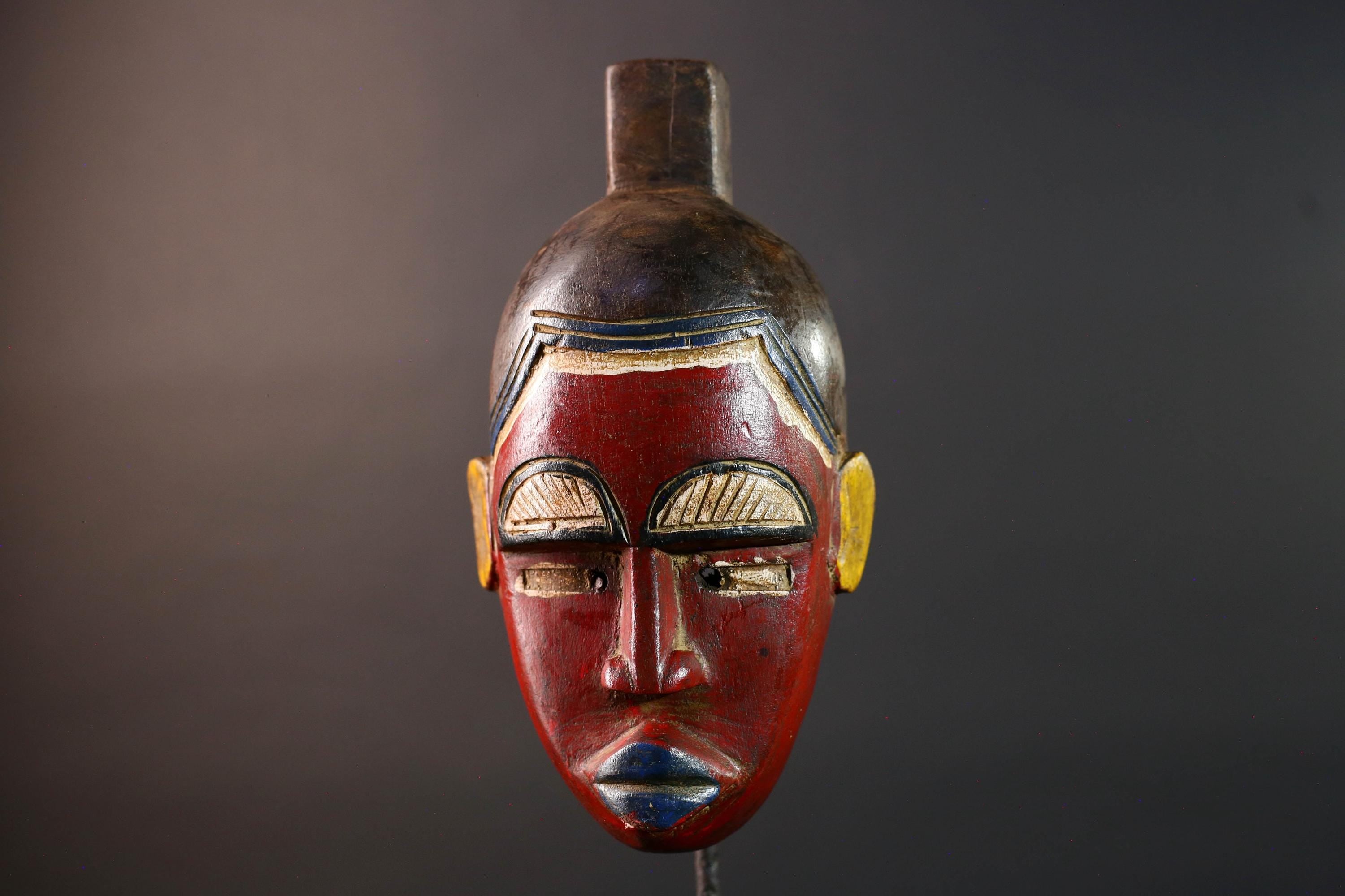 African baule wall mask red tribal face carved art sculpture with blue lips yellow ears rustic african decor gift for him hand carved-G5532