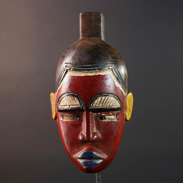 African baule wall mask red tribal face carved art sculpture with blue lips yellow ears rustic african decor gift for him hand carved-G5532