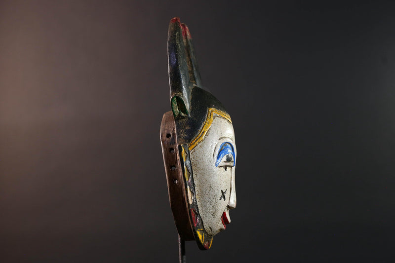 Africa guro mask light face with blue brow horns tribal art wall sculpture hand carved mask rustic decor african gift for him portrait-G5531