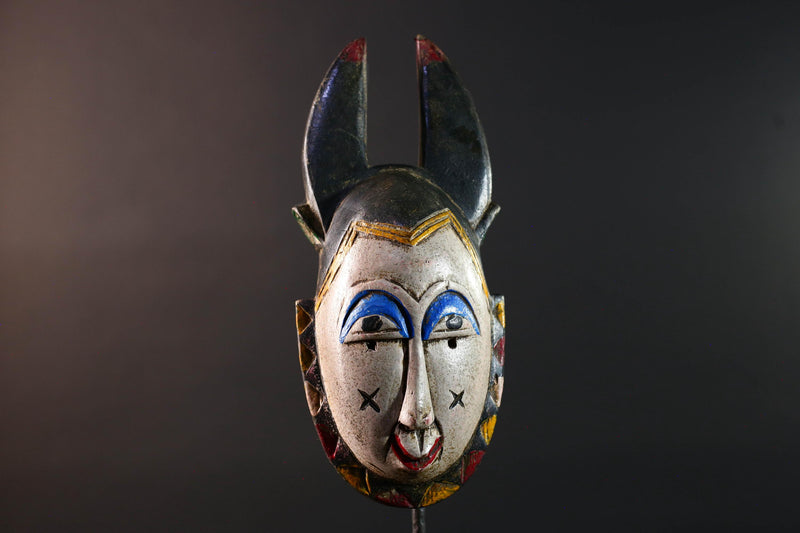 Africa guro mask light face with blue brow horns tribal art wall sculpture hand carved mask rustic decor african gift for him portrait-G5531