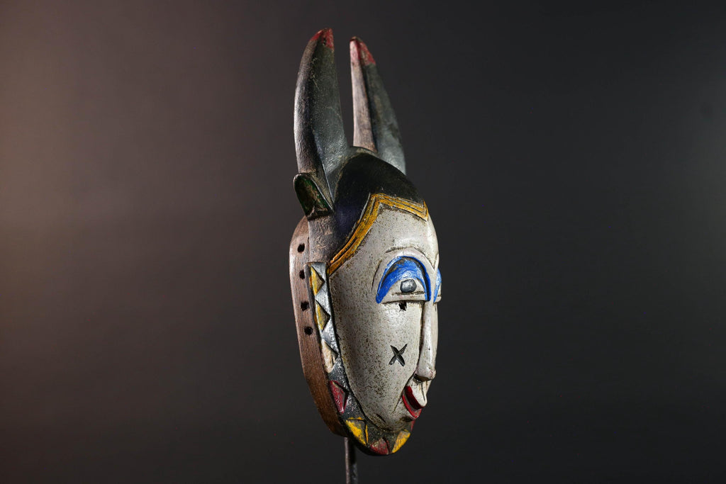 Africa guro mask light face with blue brow horns tribal art wall sculpture hand carved mask rustic decor african gift for him portrait-G5531