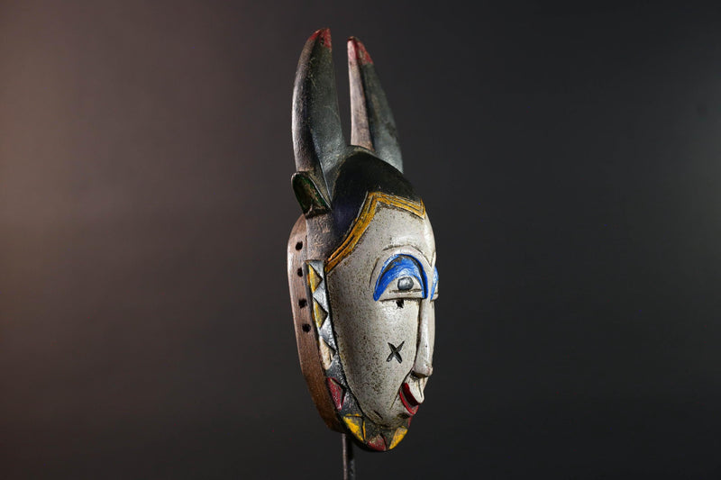 Africa guro mask light face with blue brow horns tribal art wall sculpture hand carved mask rustic decor african gift for him portrait-G5531