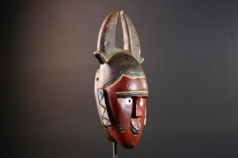 African guro mask red tribal face with horns rustic wall art hand carved mask sculpture decor gift for him portrait wall hanging-G5530
