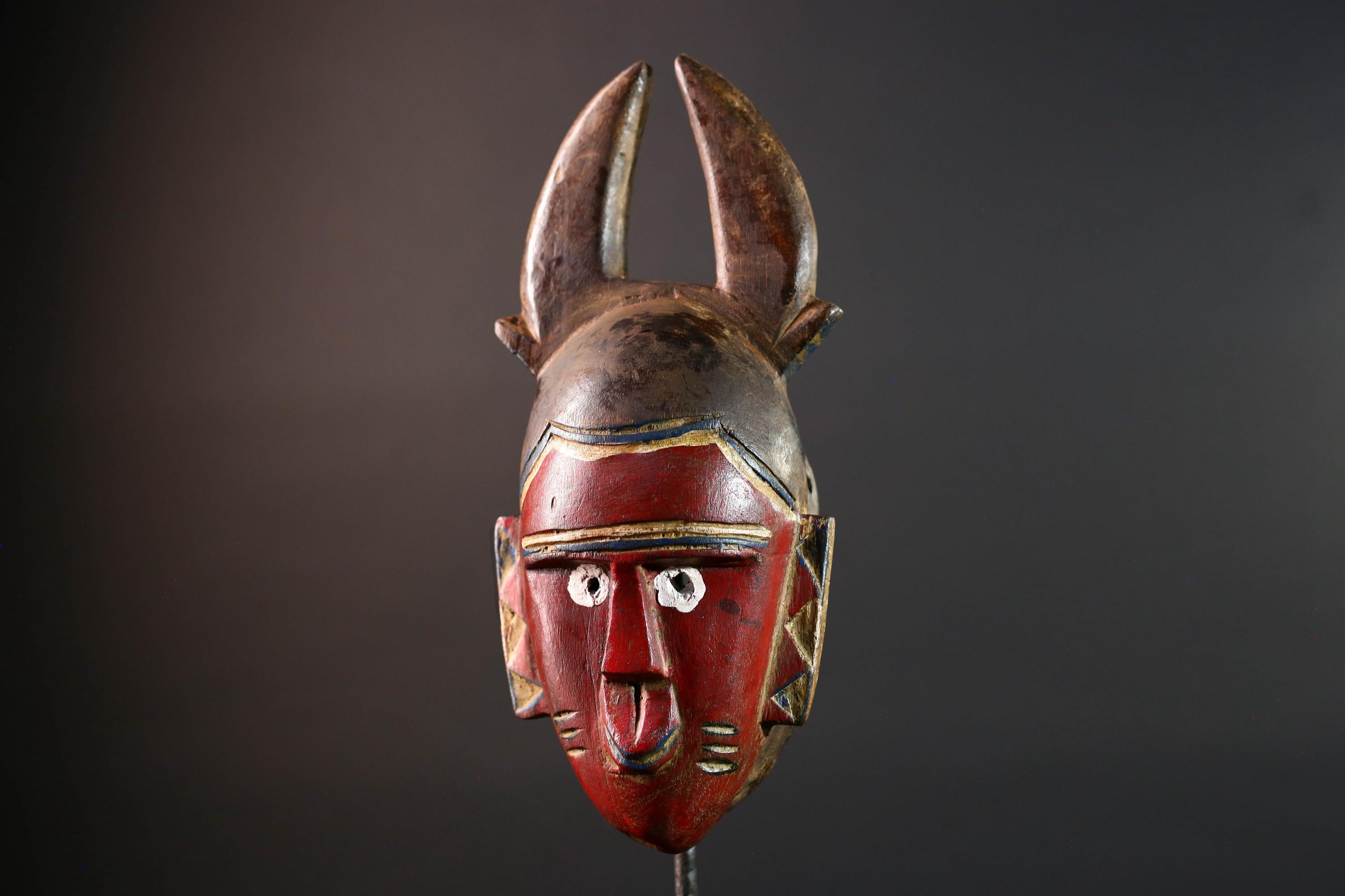 African guro mask red tribal face with horns rustic wall art hand carved mask sculpture decor gift for him portrait wall hanging-G5530