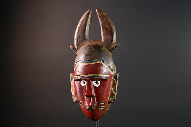 African guro mask red tribal face with horns rustic wall art hand carved mask sculpture decor gift for him portrait wall hanging-G5530