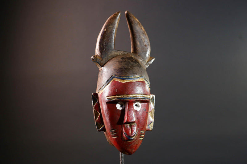 African guro mask red tribal face with horns rustic wall art hand carved mask sculpture decor gift for him portrait wall hanging-G5530