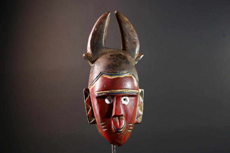 African guro mask red tribal face with horns rustic wall art hand carved mask sculpture decor gift for him portrait wall hanging-G5530