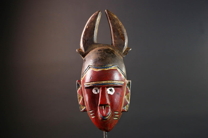 African guro mask red tribal face with horns rustic wall art hand carved mask sculpture decor gift for him portrait wall hanging-G5530