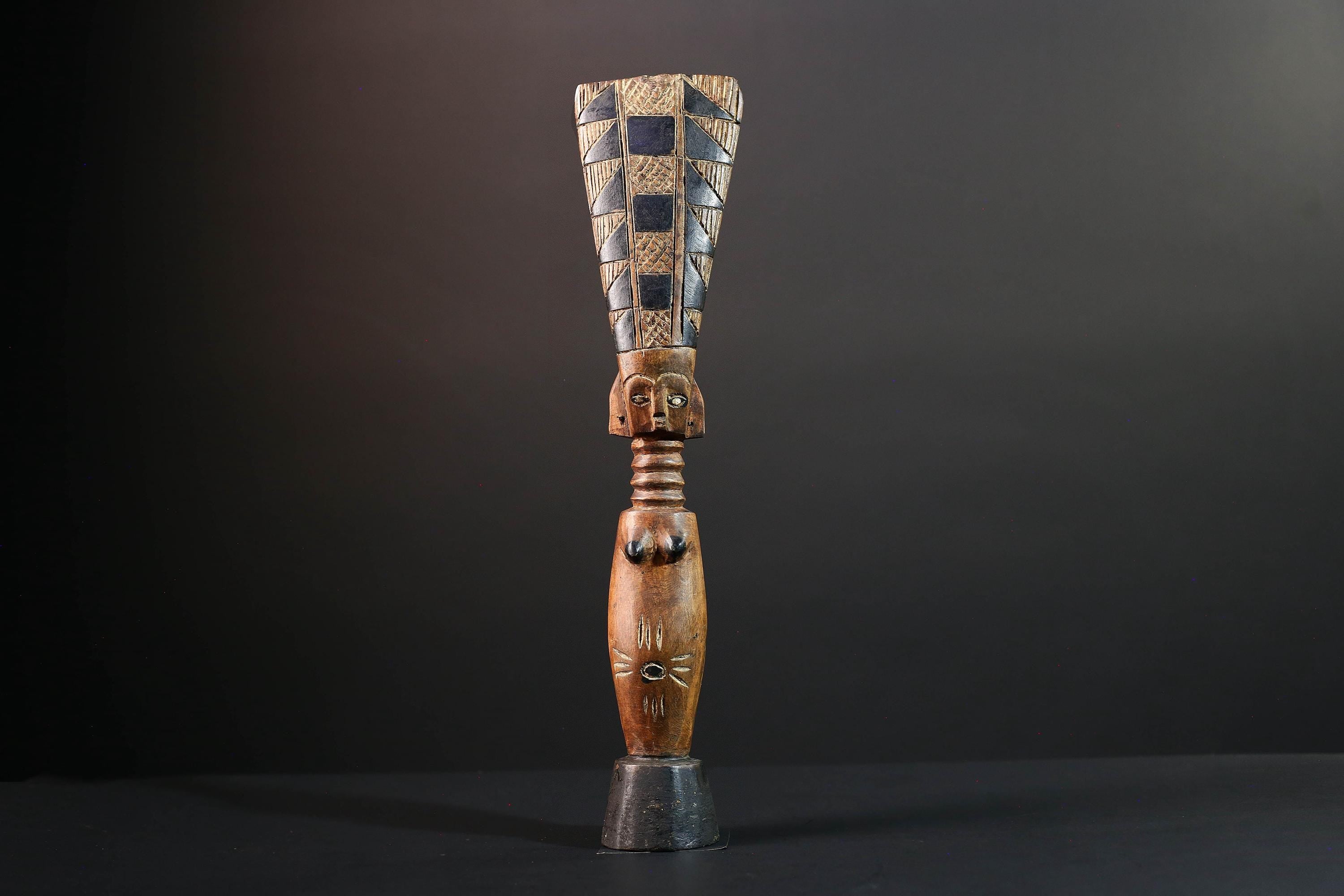African fertility figure hand carved baule doll sculpture tribal female art tall wood statue rustic ancestral decor gift for carving-G5528