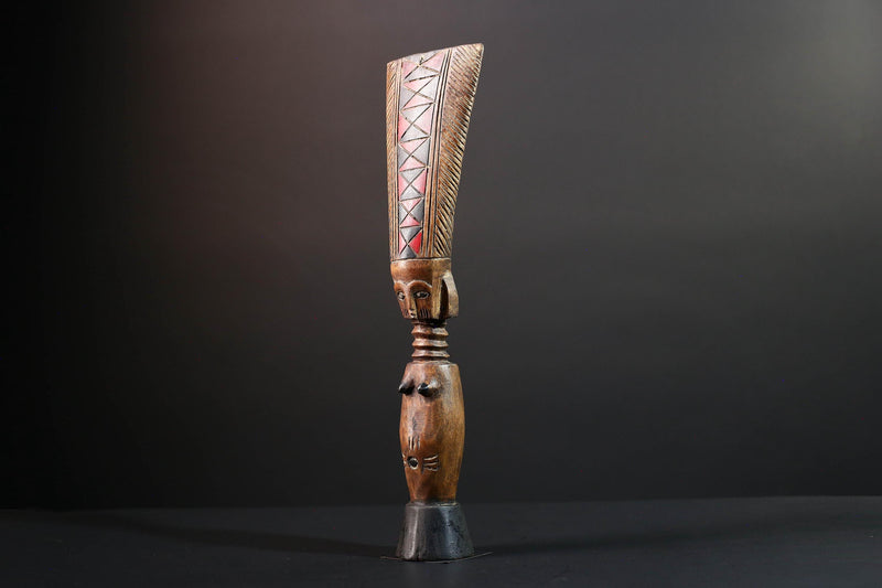 African fertility doll sculpture red crest tribal female figure hand carved wood rustic baule decor ancestral statue gift for her art-G5527