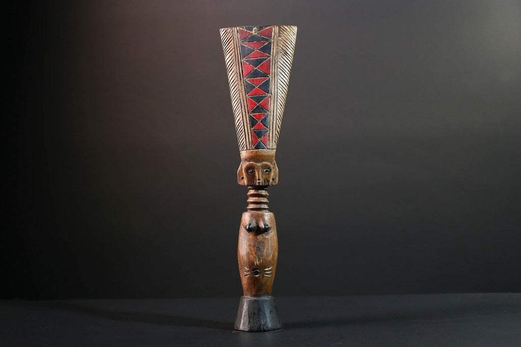African fertility doll sculpture red crest tribal female figure hand carved wood rustic baule decor ancestral statue gift for her art-G5527