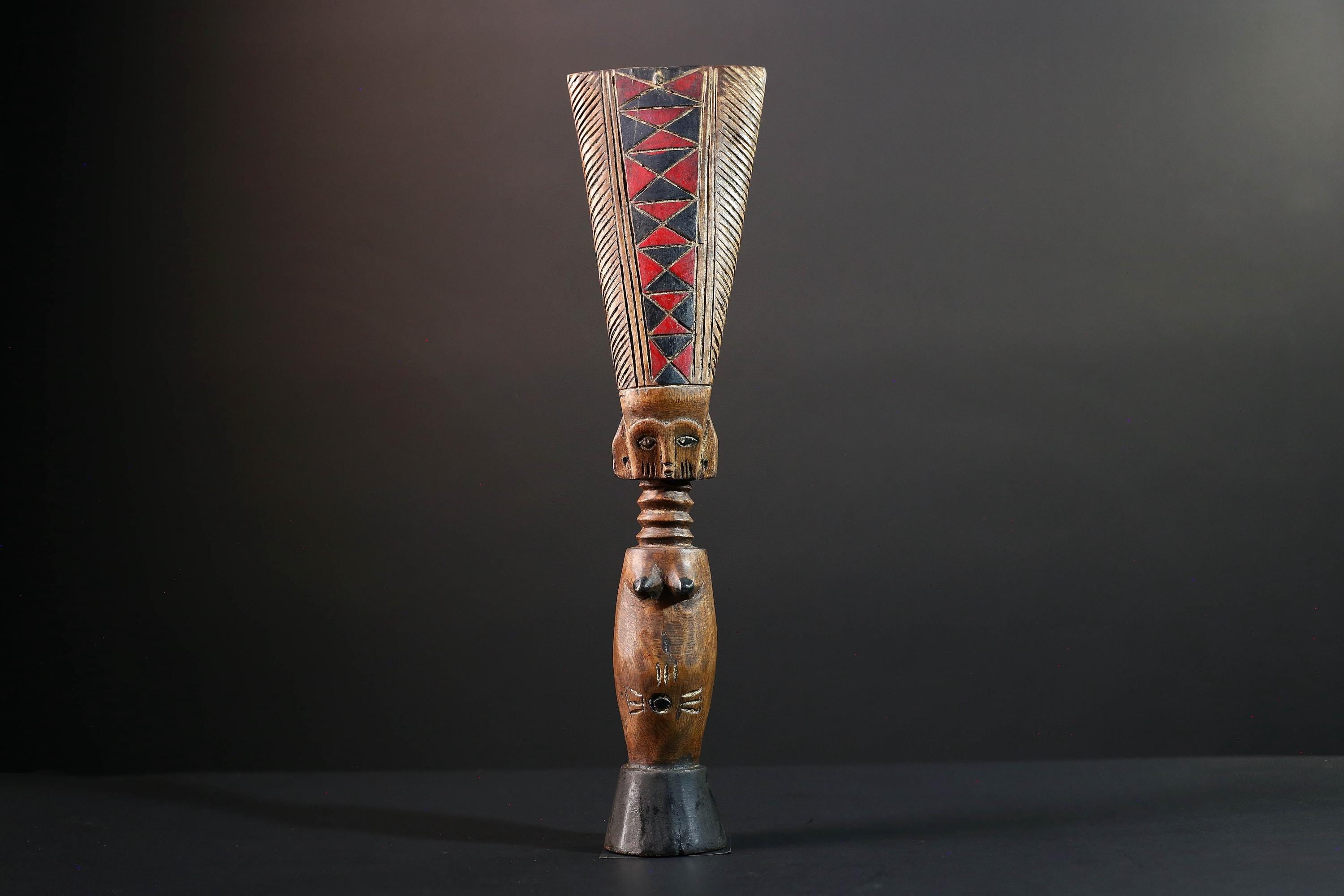 African fertility doll sculpture red crest tribal female figure hand carved wood rustic baule decor ancestral statue gift for her art-G5527