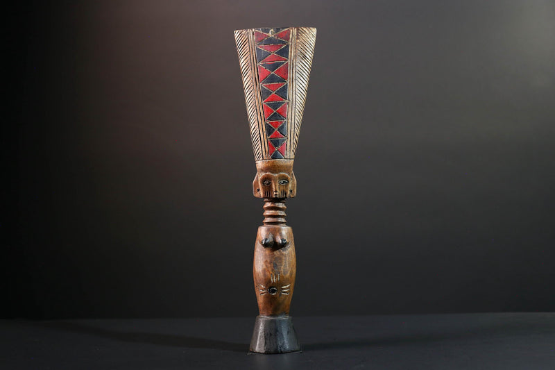 African fertility doll sculpture red crest tribal female figure hand carved wood rustic baule decor ancestral statue gift for her art-G5527