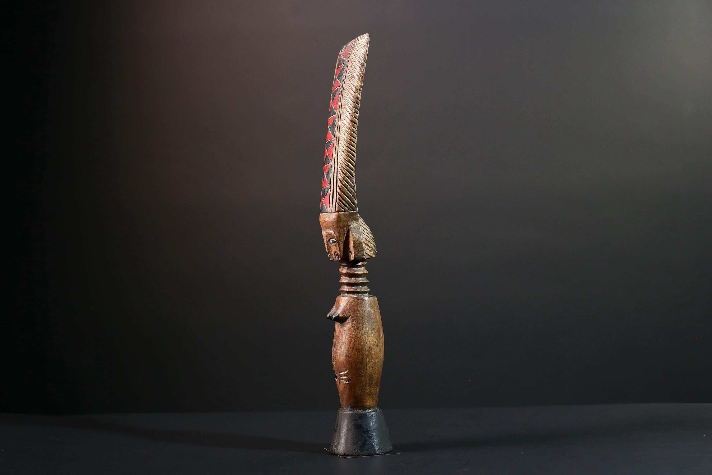 African fertility doll sculpture red crest tribal female figure hand carved wood rustic baule decor ancestral statue gift for her art-G5527