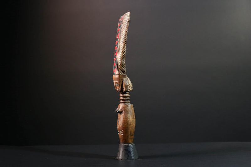 African fertility doll sculpture red crest tribal female figure hand carved wood rustic baule decor ancestral statue gift for her art-G5527