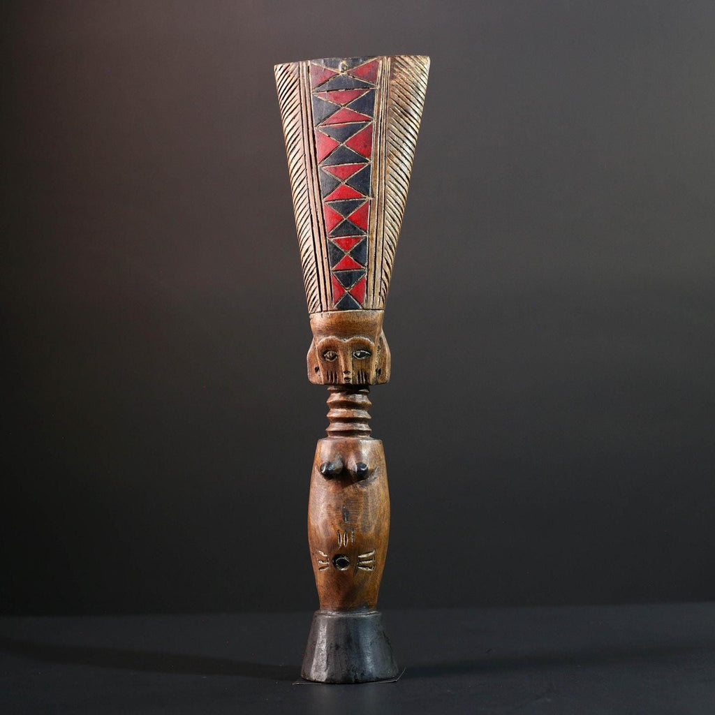 African fertility doll sculpture red crest tribal female figure hand carved wood rustic baule decor ancestral statue gift for her art-G5527