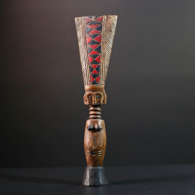 African fertility doll sculpture red crest tribal female figure hand carved wood rustic baule decor ancestral statue gift for her art-G5527