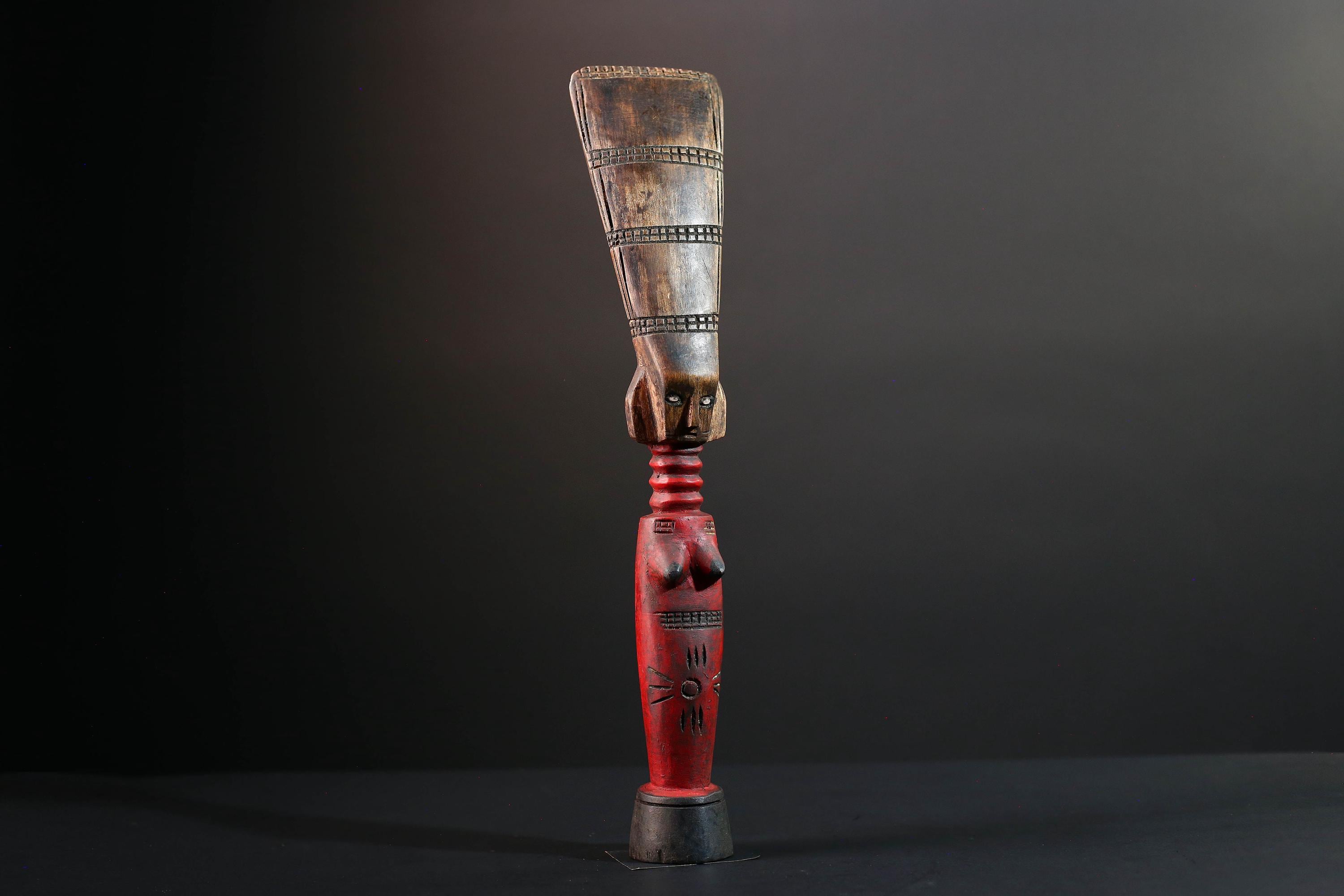 African fertility figure hand carved baule doll sculpture tribal female art tall wood statue rustic ancestral decor gift for carving-G5526