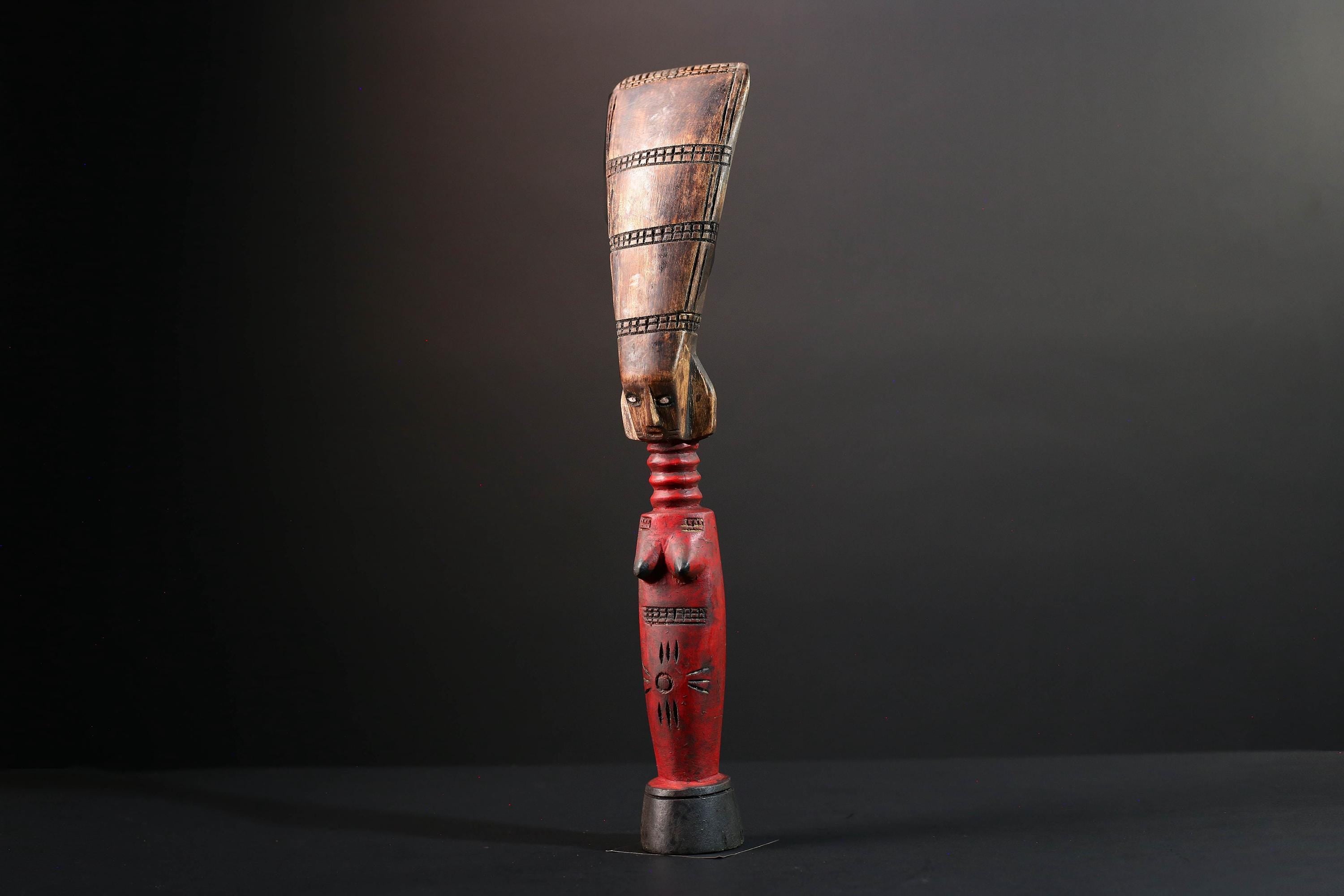 African fertility figure hand carved baule doll sculpture tribal female art tall wood statue rustic ancestral decor gift for carving-G5526