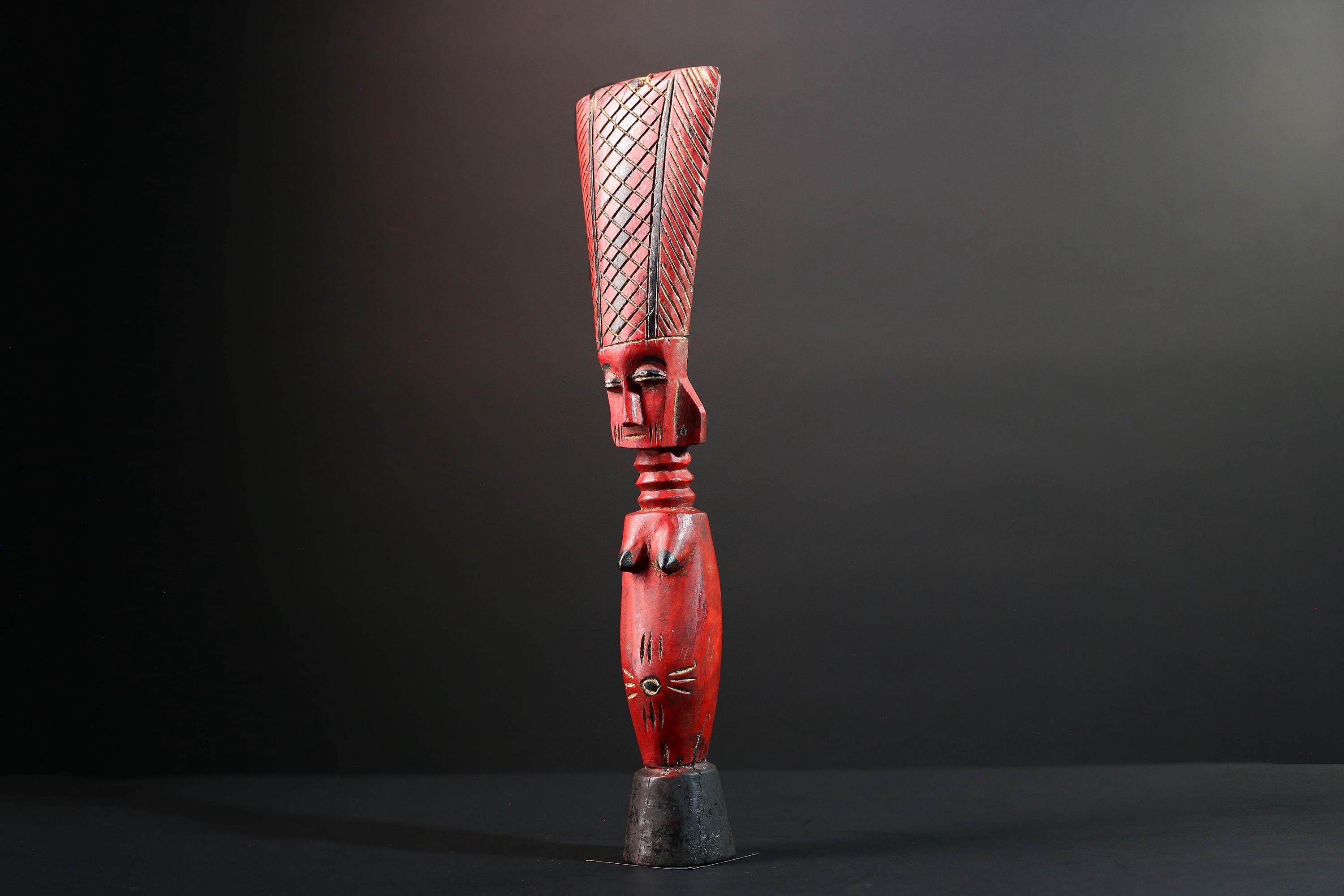 African red fertility figure baule tribal female carving with scarification hand carved wood rustic sculpture gift for her home decor-G5525