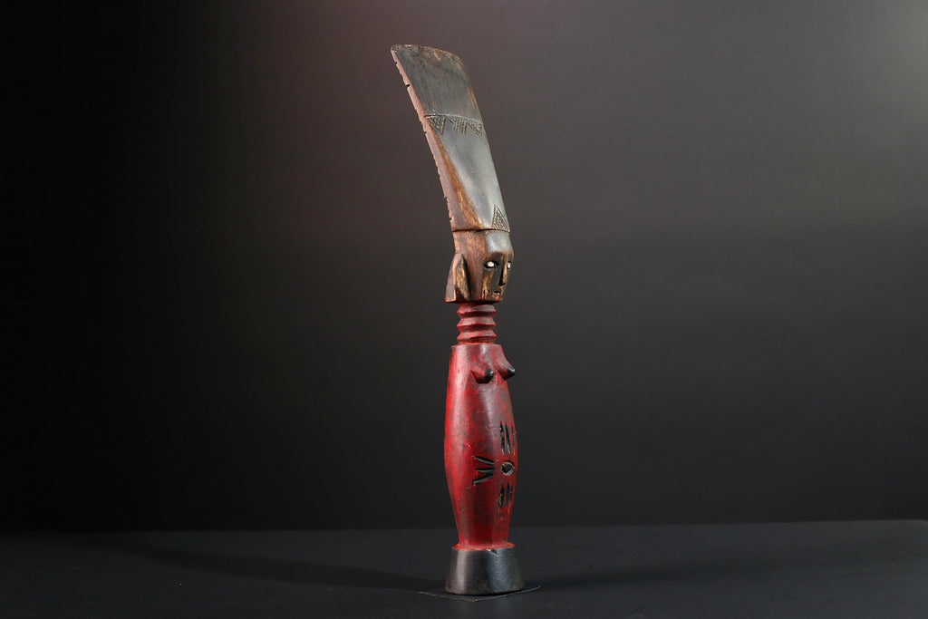 Africa fertility statue with red torso and scarification baule tribal female figure hand carved wood sculpture rustic gift for her art-G5524
