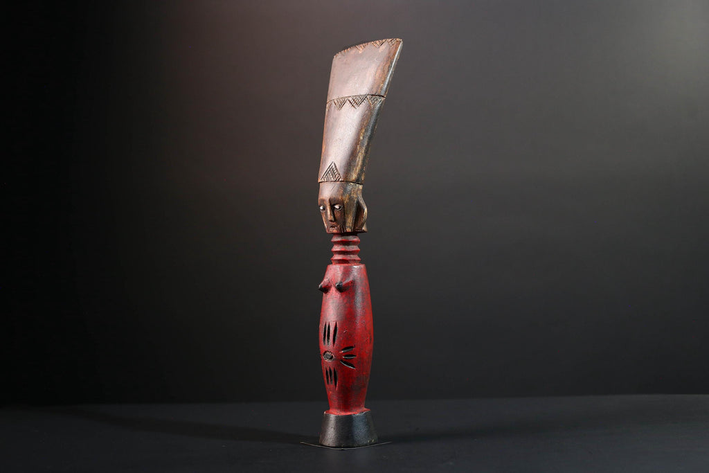 Africa fertility statue with red torso and scarification baule tribal female figure hand carved wood sculpture rustic gift for her art-G5524