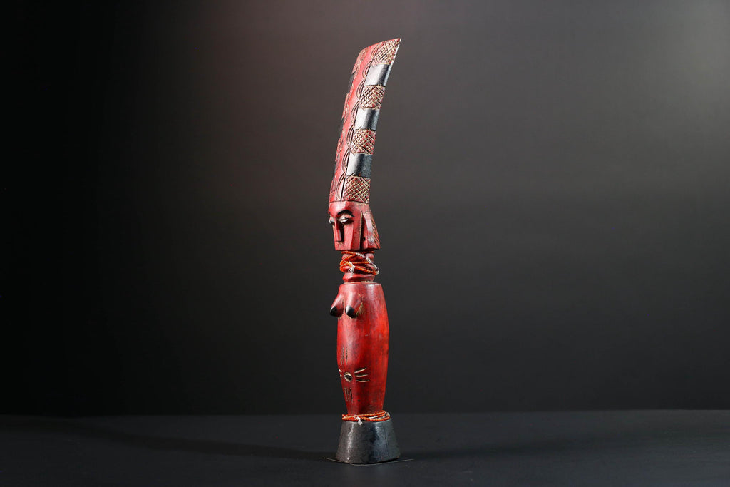 African red fertility sculpture baule tribal wood female figure with beads scarification rustic carving gift for her home decor statue-G5523