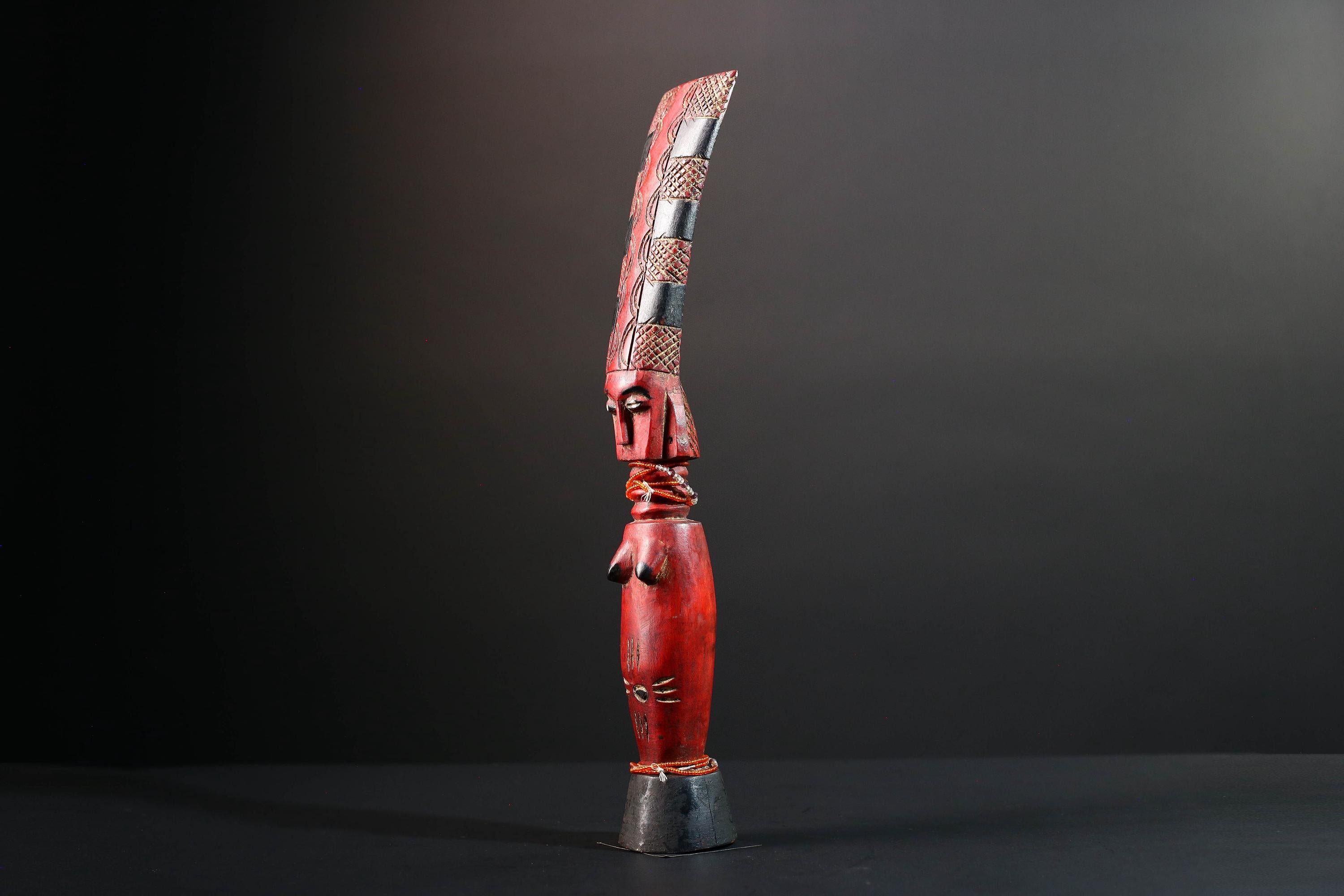 African red fertility sculpture baule tribal wood female figure with beads scarification rustic carving gift for her home decor statue-G5523