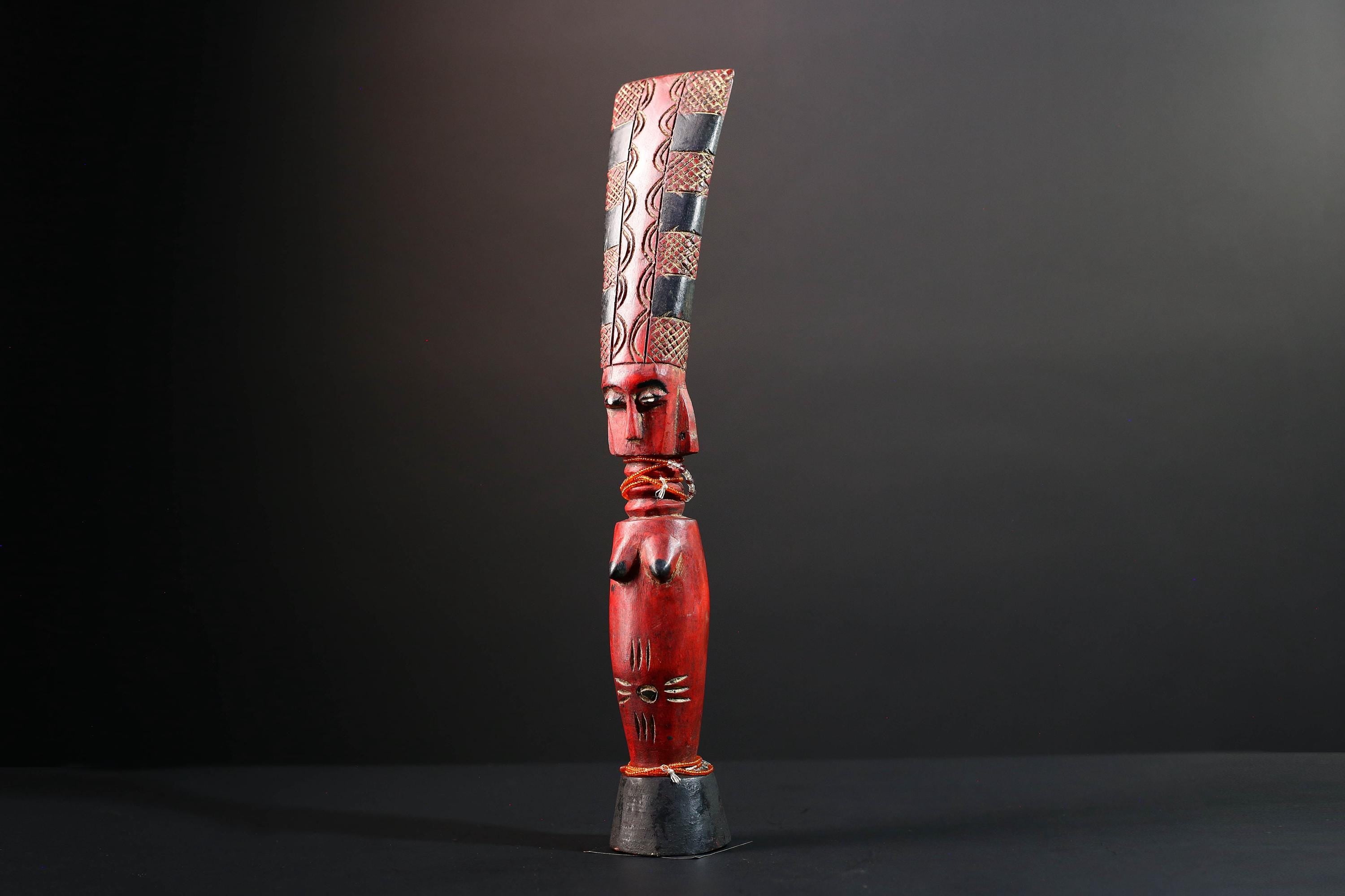 African red fertility sculpture baule tribal wood female figure with beads scarification rustic carving gift for her home decor statue-G5523