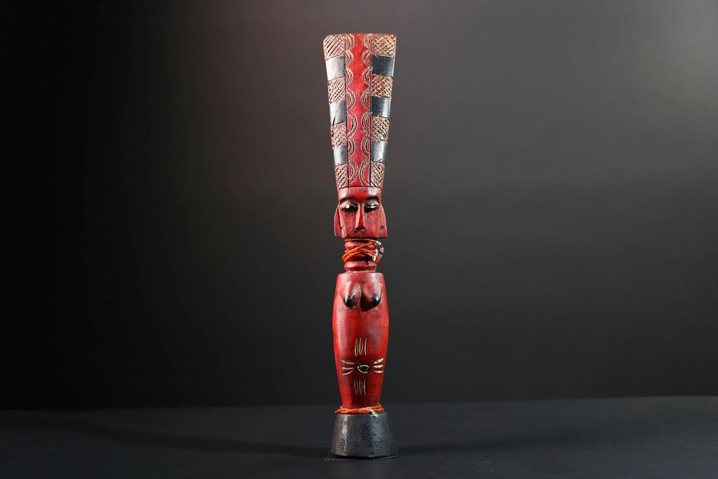 African red fertility sculpture baule tribal wood female figure with beads scarification rustic carving gift for her home decor statue-G5523