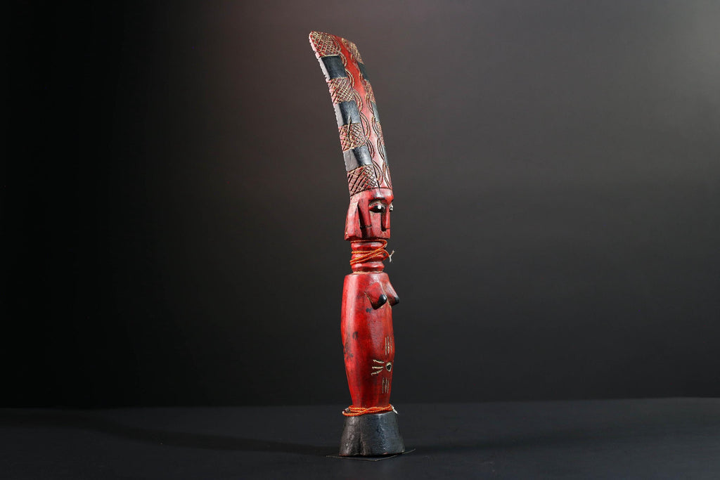 African red fertility sculpture baule tribal wood female figure with beads scarification rustic carving gift for her home decor statue-G5523