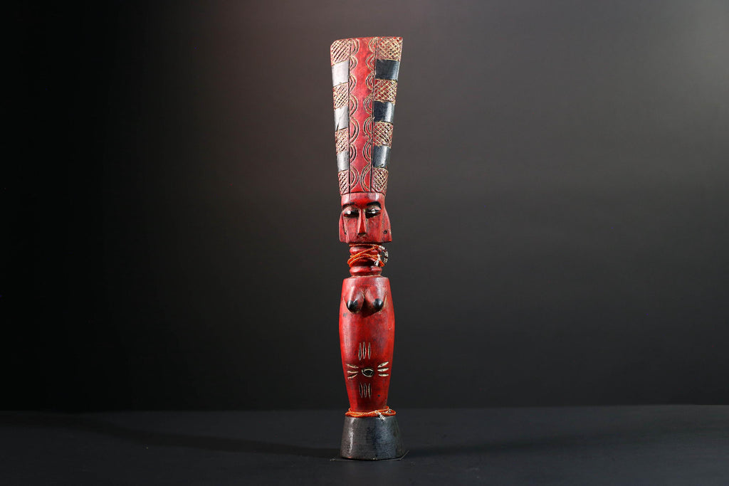 African red fertility sculpture baule tribal wood female figure with beads scarification rustic carving gift for her home decor statue-G5523