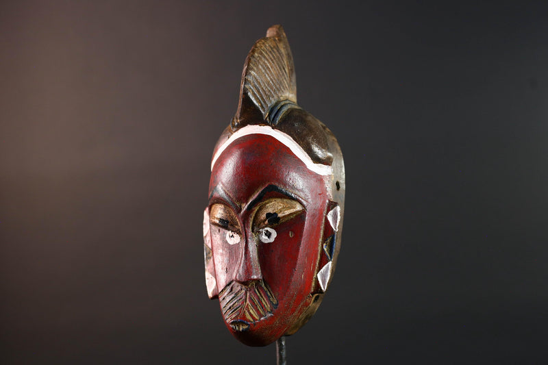 African mask Guro tribe wall art with red face carved crest and geometric cheek design tribal wood mask ethnic home decor-G5546