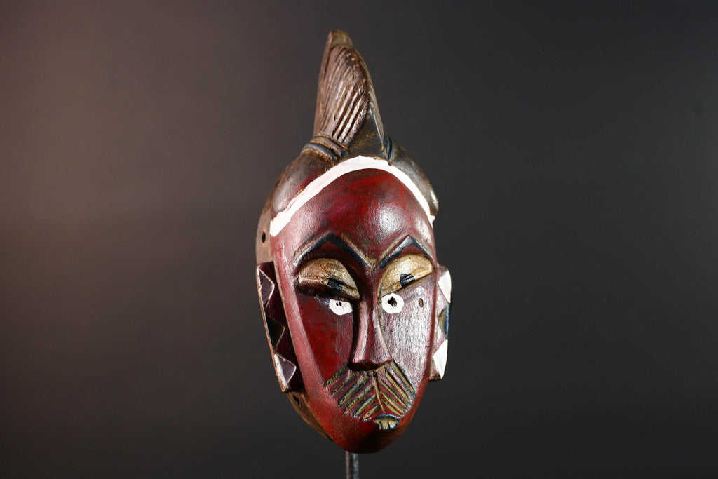 African mask Guro tribe wall art with red face carved crest and geometric cheek design tribal wood mask ethnic home decor-G5546