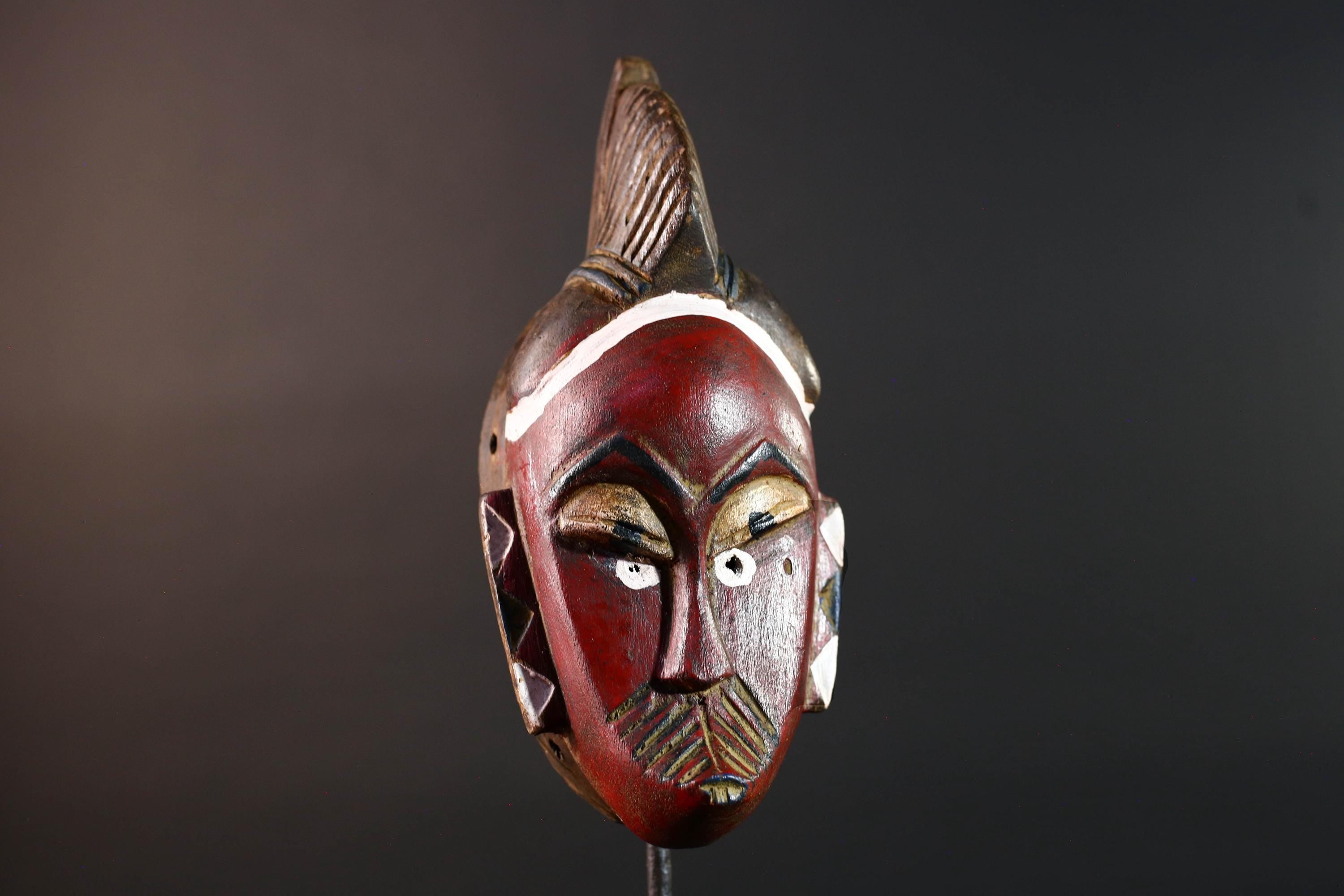 African mask Guro tribe wall art with red face carved crest and geometric cheek design tribal wood mask ethnic home decor-G5546