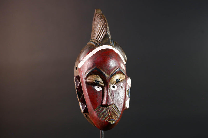 African mask Guro tribe wall art with red face carved crest and geometric cheek design tribal wood mask ethnic home decor-G5546
