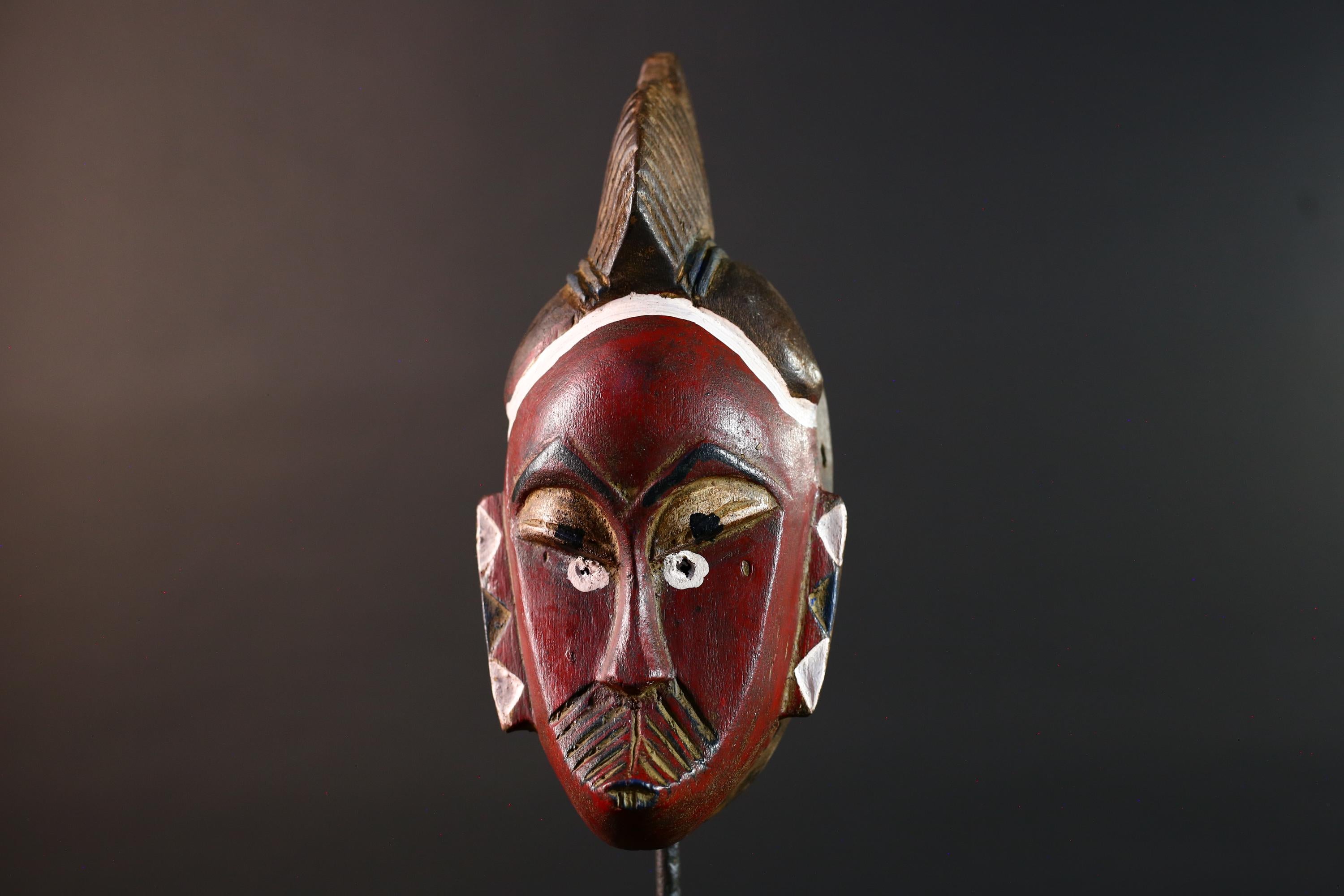 African mask Guro tribe wall art with red face carved crest and geometric cheek design tribal wood mask ethnic home decor-G5546