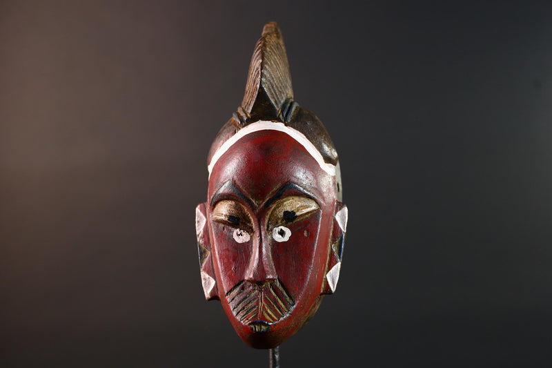 African mask Guro tribe wall art with red face carved crest and geometric cheek design tribal wood mask ethnic home decor-G5546