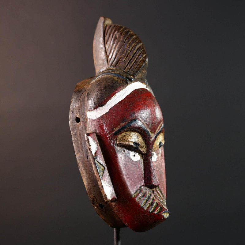 African mask Guro tribe wall art with red face carved crest and geometric cheek design tribal wood mask ethnic home decor-G5546