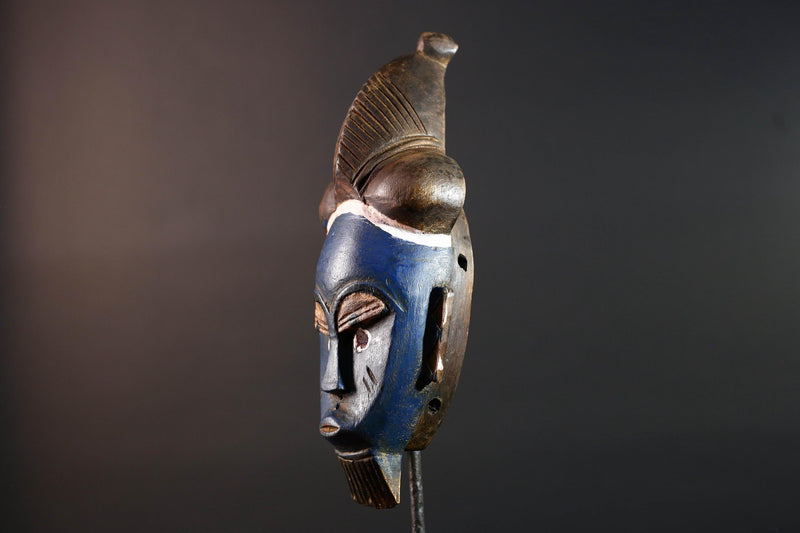 African mask Baule tribe blue face carved wall mask with domed hairstyle scarification marks ethnic wood art tribal home decor-G5545