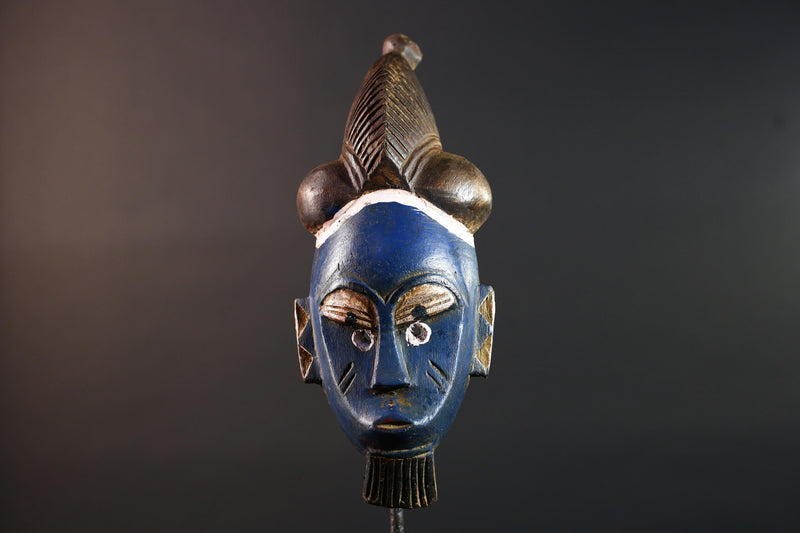 African mask Baule tribe blue face carved wall mask with domed hairstyle scarification marks ethnic wood art tribal home decor-G5545