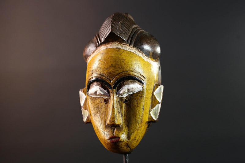African mask Baule tribe yellow face carved wall decor with ridged hairstyle and white almond eyes tribal wood home accent sculpture-G5544