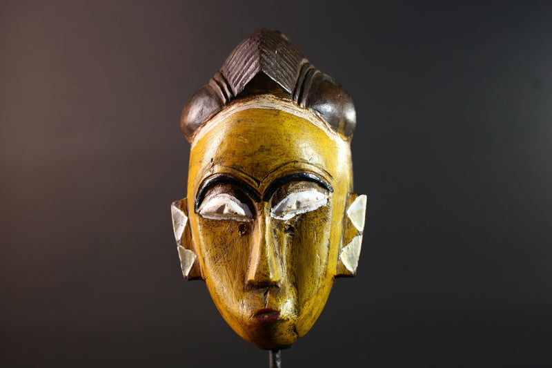 African mask Baule tribe yellow face carved wall decor with ridged hairstyle and white almond eyes tribal wood home accent sculpture-G5544
