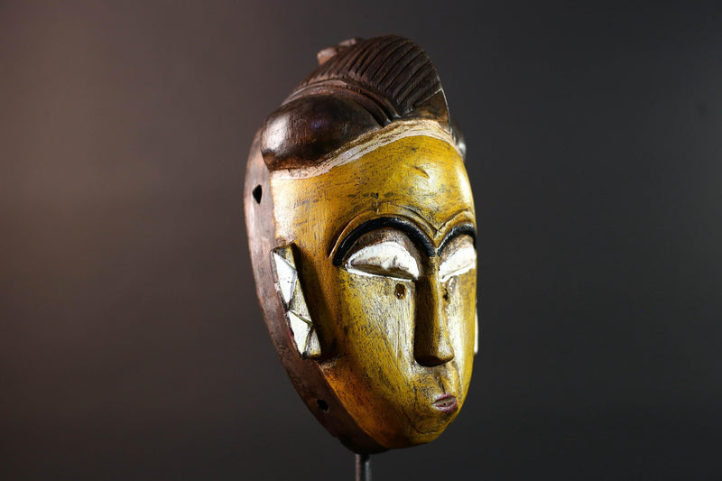 African mask Baule tribe yellow face carved wall decor with ridged hairstyle and white almond eyes tribal wood home accent sculpture-G5544