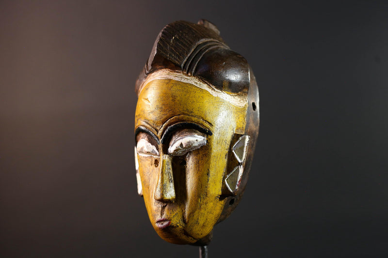 African mask Baule tribe yellow face carved wall decor with ridged hairstyle and white almond eyes tribal wood home accent sculpture-G5544