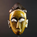 African mask Baule tribe yellow face carved wall decor with ridged hairstyle and white almond eyes tribal wood home accent sculpture-G5544
