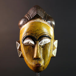 African mask Baule tribe yellow face carved wall decor with ridged hairstyle and white almond eyes tribal wood home accent sculpture-G5544