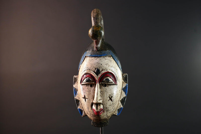 African mask Guro tribe white face carved wood with red eyes black crest and geometric cheek patterns tribal wall art home decor-G5543