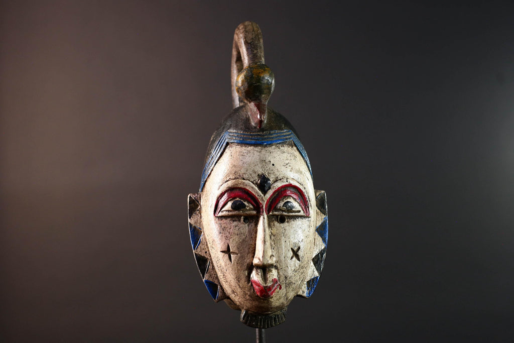 African mask Guro tribe white face carved wood with red eyes black crest and geometric cheek patterns tribal wall art home decor-G5543