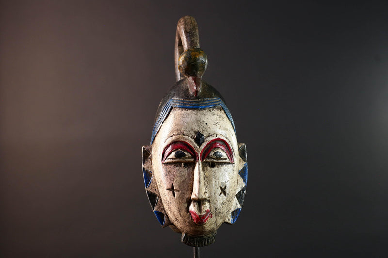 African mask Guro tribe white face carved wood with red eyes black crest and geometric cheek patterns tribal wall art home decor-G5543